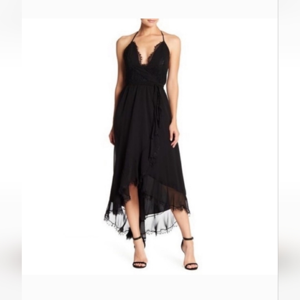Dress The Population Gia Halter Hi-Lo Lace Trim Dress Size Medium